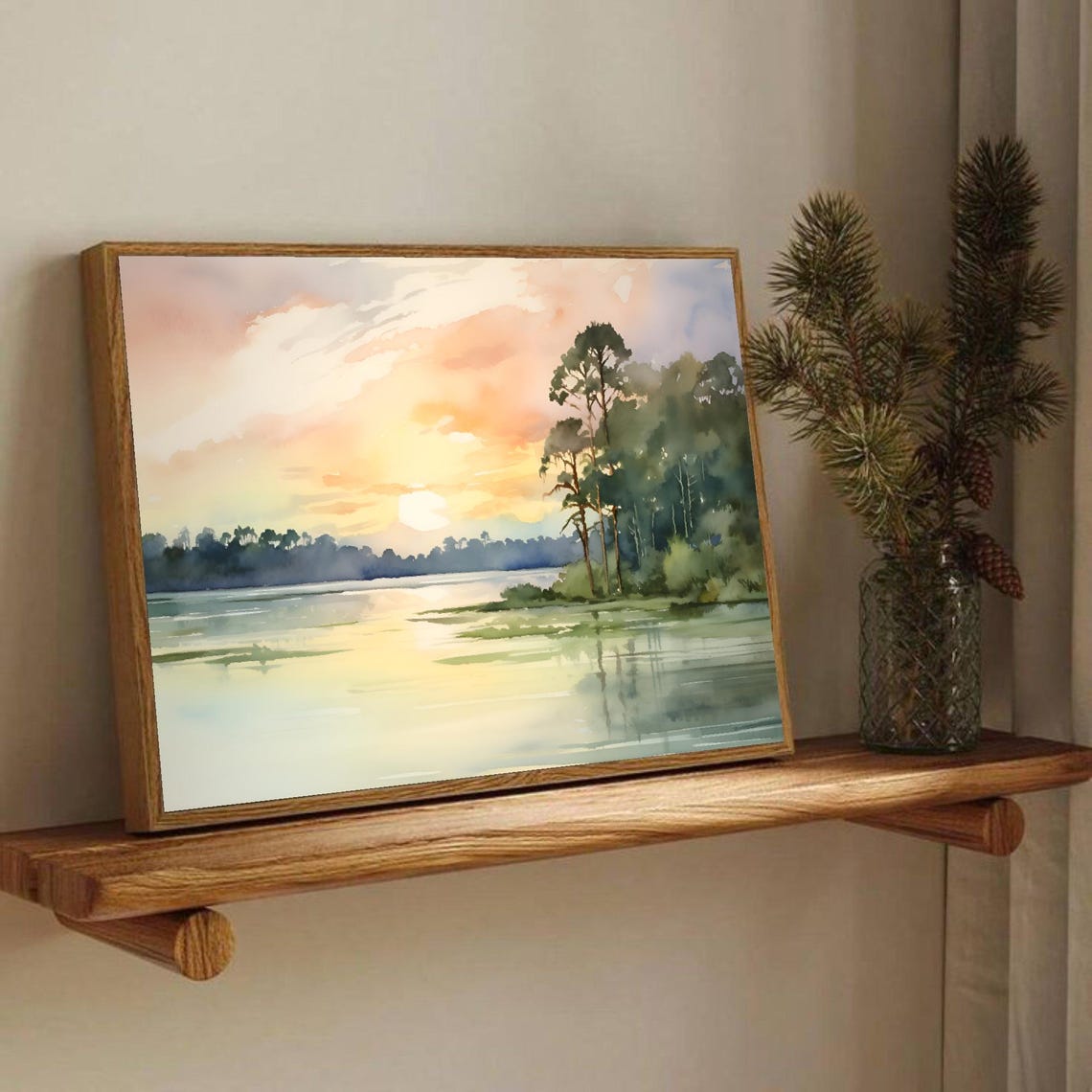 Sunset Lake Golden Sky Pine Shore Reflections Watercolor Art Poster - Image 3