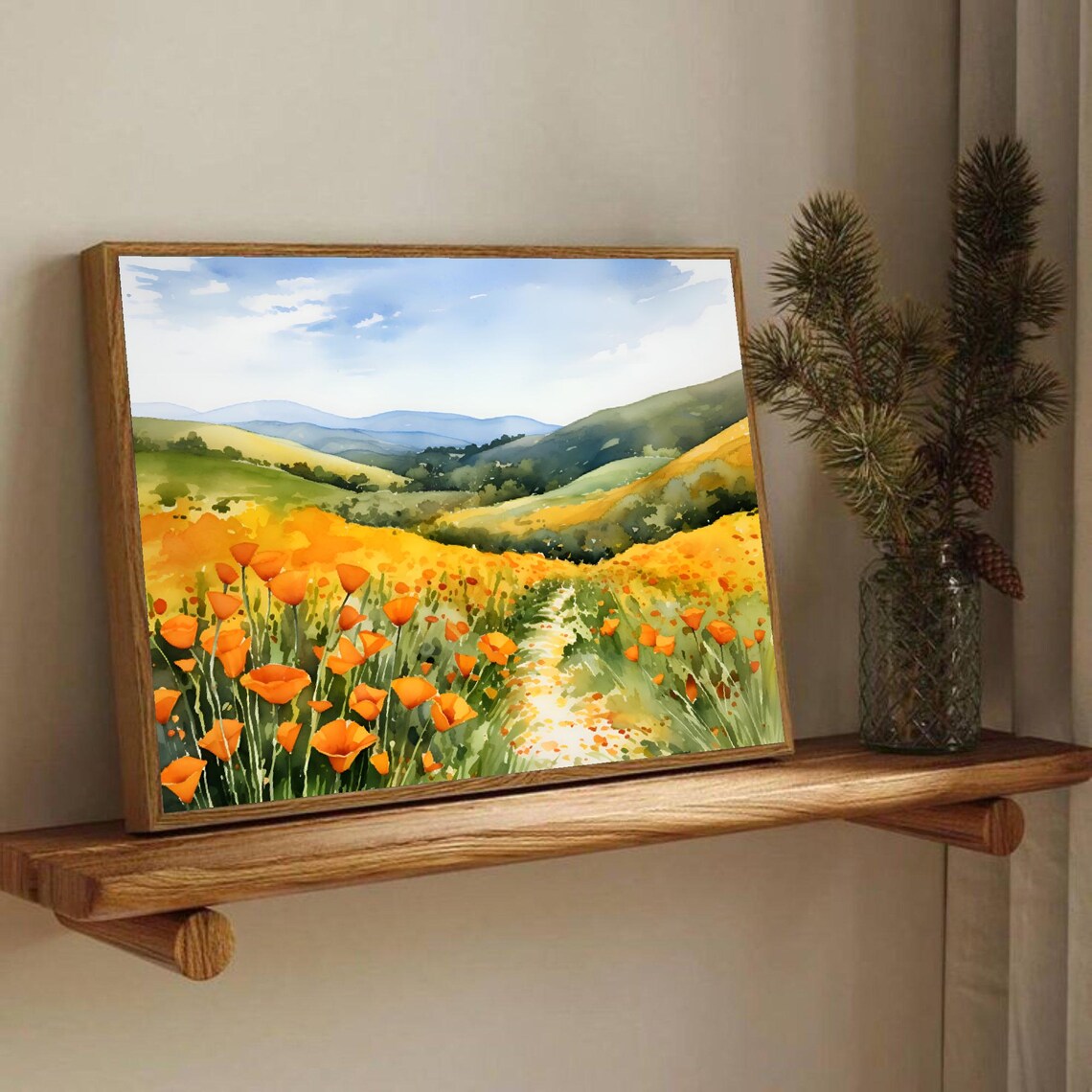 California Poppy Field Rolling Hills Golden Bloom Watercolor Poster - Image 2