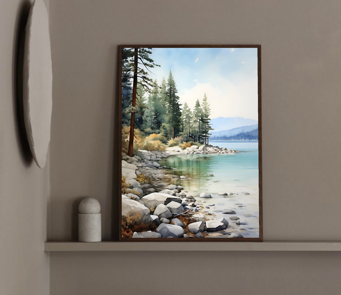 Rocky Pine Lakeshore Turquoise Water Mountain View Watercolor Poster - Image 3