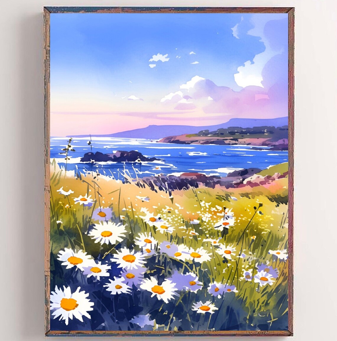 Coastal Daisies Wildflower Cliff Blue Seascape Watercolor Poster