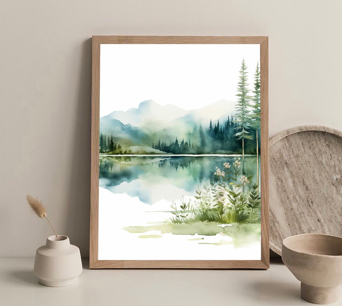 Forest Lake Sunrise Watercolor Landscape Art Print - Image 3