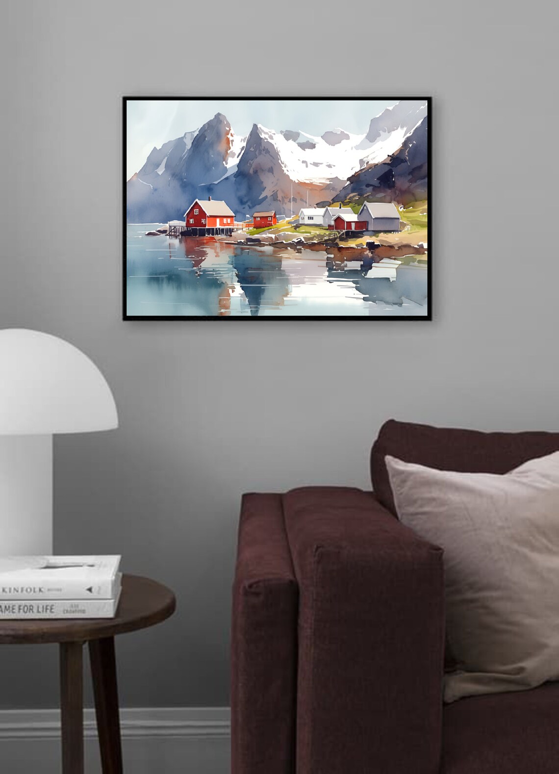 Lofoten Islands Norway Red Fishing Cabins Fjord Watercolor Poster - Image 2