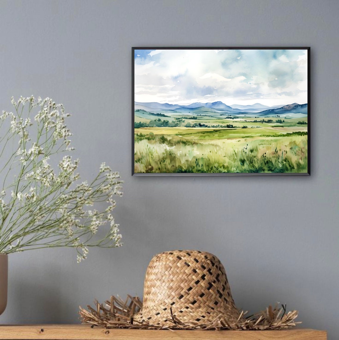 North Dakota Great Plains Panoramic Meadow Mountain Watercolor Poster - Image 2