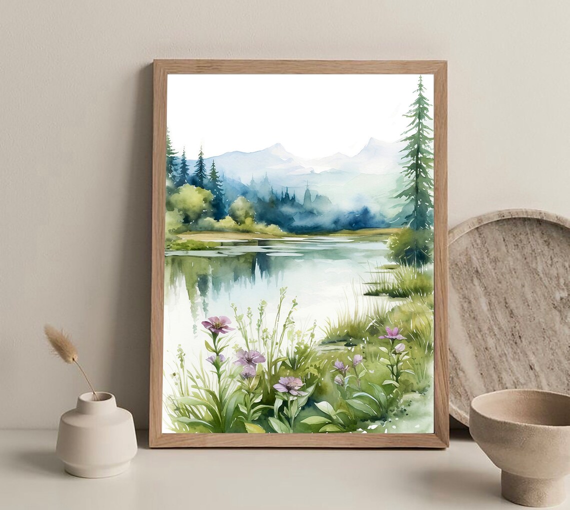 Mountain Forest Lake Print, Wildflower Landscape Poster - Image 2