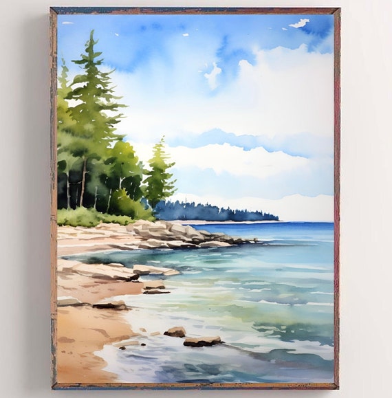 Forest Lake Painting Michigan Lake Art Print Watercolor Landscape Painting Minimalist Wall Art Blue Green Decor Michigan Hiking Gift