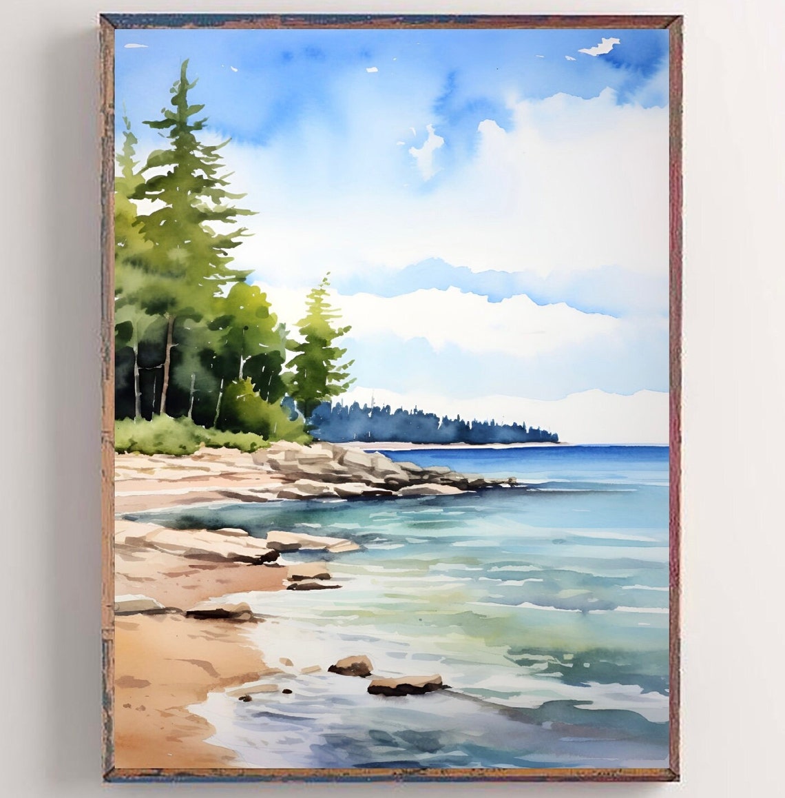 Forest Lake Michigan Pine Forest Lakeshore Watercolor Landscape Poster