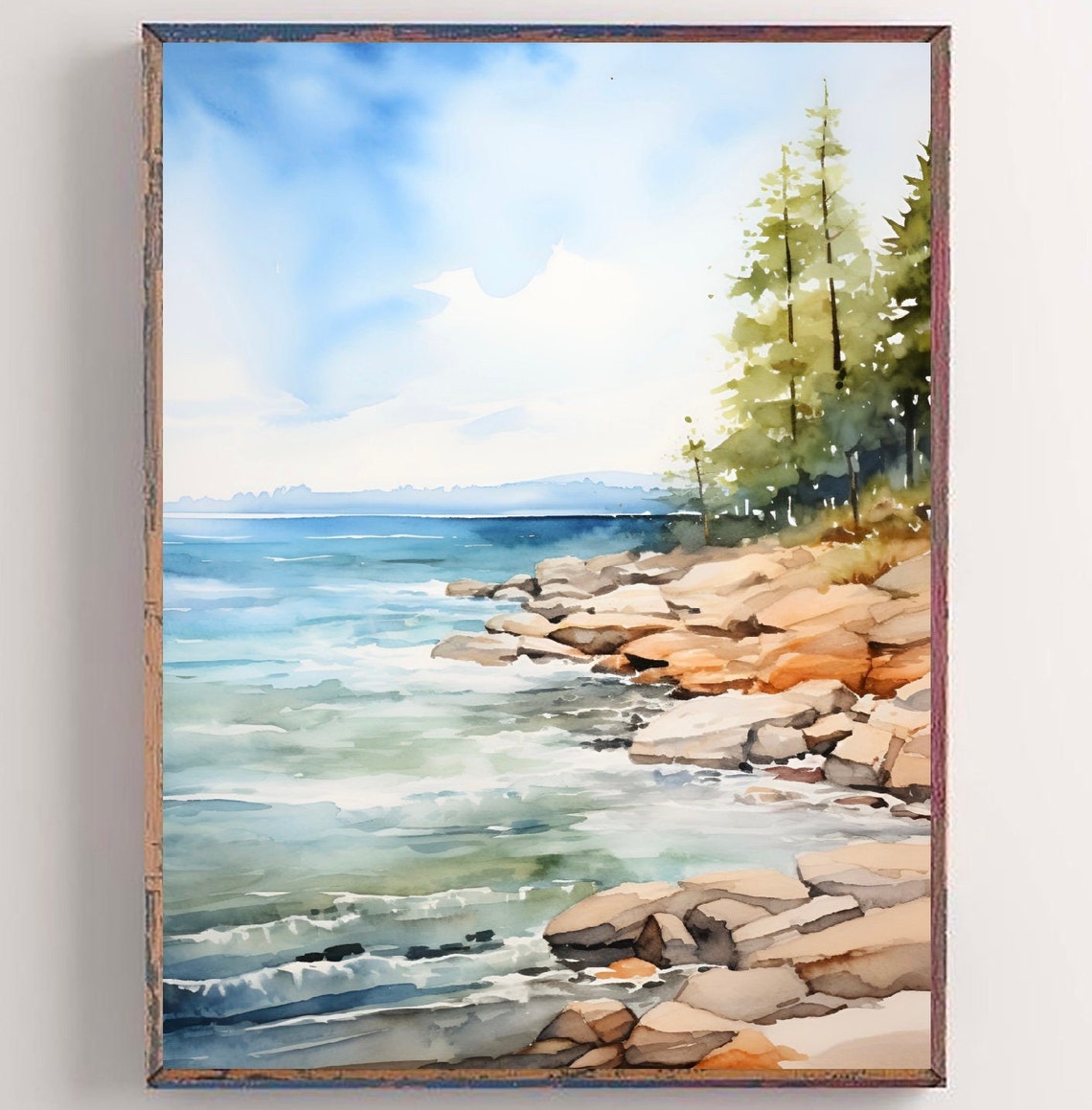 Lake Ontario Michigan Waves Rocks Pine Trees Watercolor Poster