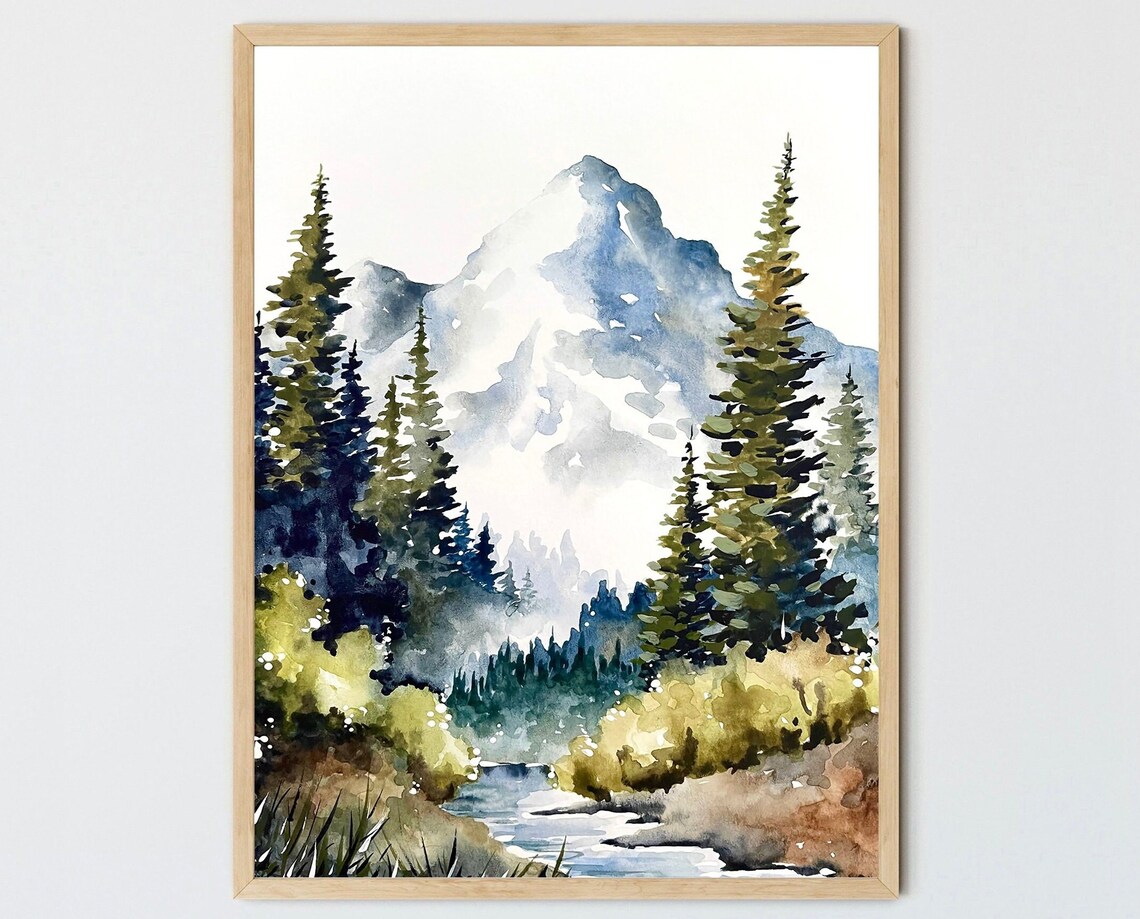 Mountain River Idaho Watercolor Landscape Art Print