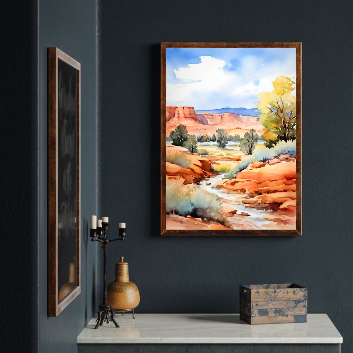 Red Rock Desert Canyon Stream Golden Tree Watercolor Scenery Poster - Image 4