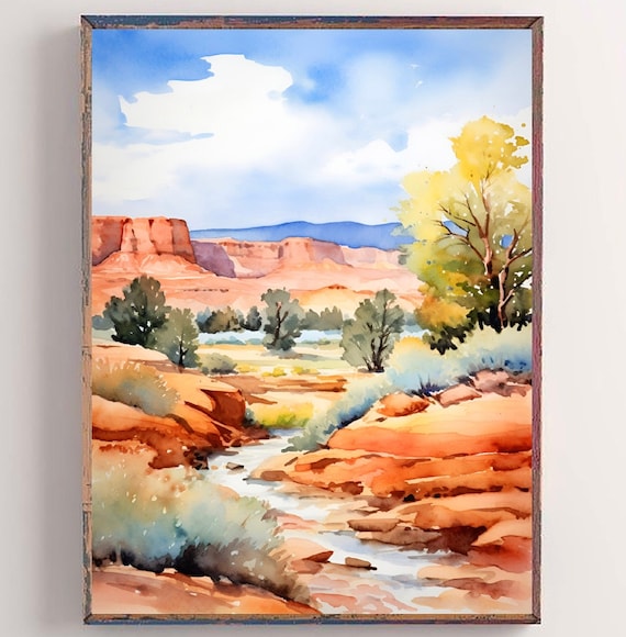 Red Rock Desert Canyon Stream Golden Tree Watercolor Scenery Poster