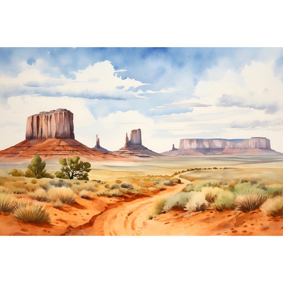 Oljato Monument Valley Painting Navajo Tribal Park Poster Utah Watercolor Art Print Red Rock Mountain Landscape Wall Utah Travel Artwork