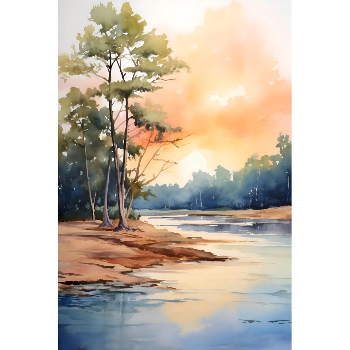 Misty River Sunset Lone Tree Pastel Water Watercolor Art Poster