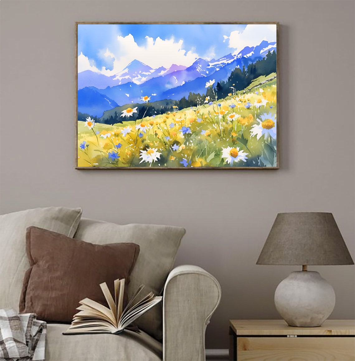 Swiss Alps Wildflower Meadow Daisies Peaks Watercolor Poster - Image 4