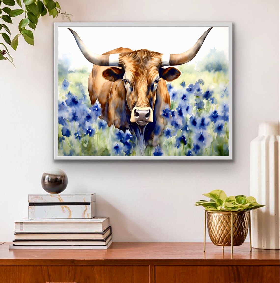 Texas Longhorn Cow Watercolor Art Print, Austin - Image 3