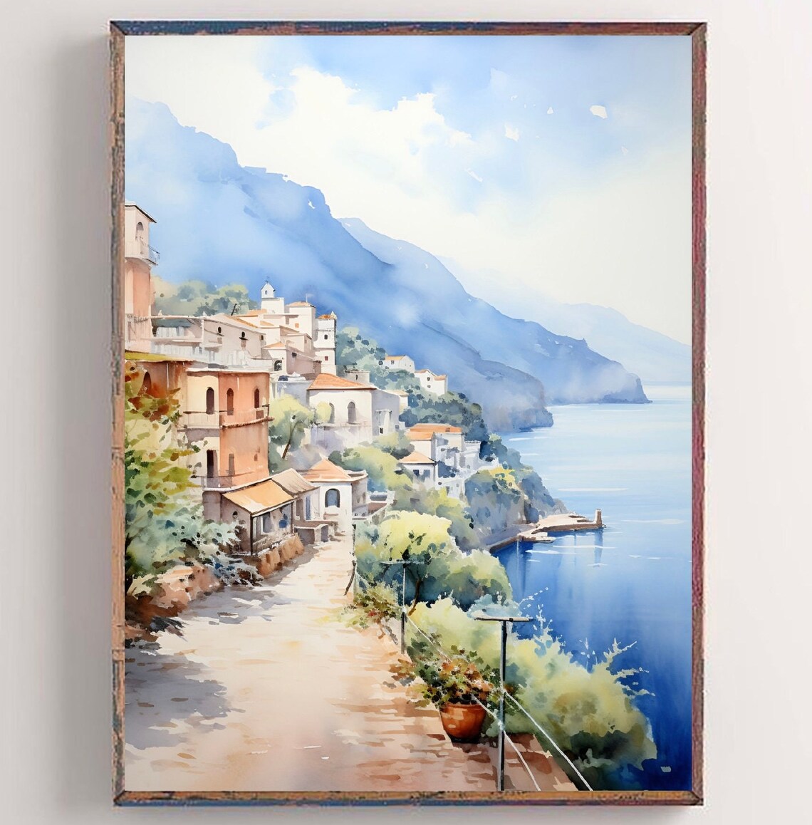 Italy Watercolor Positano Coastal Travel Poster