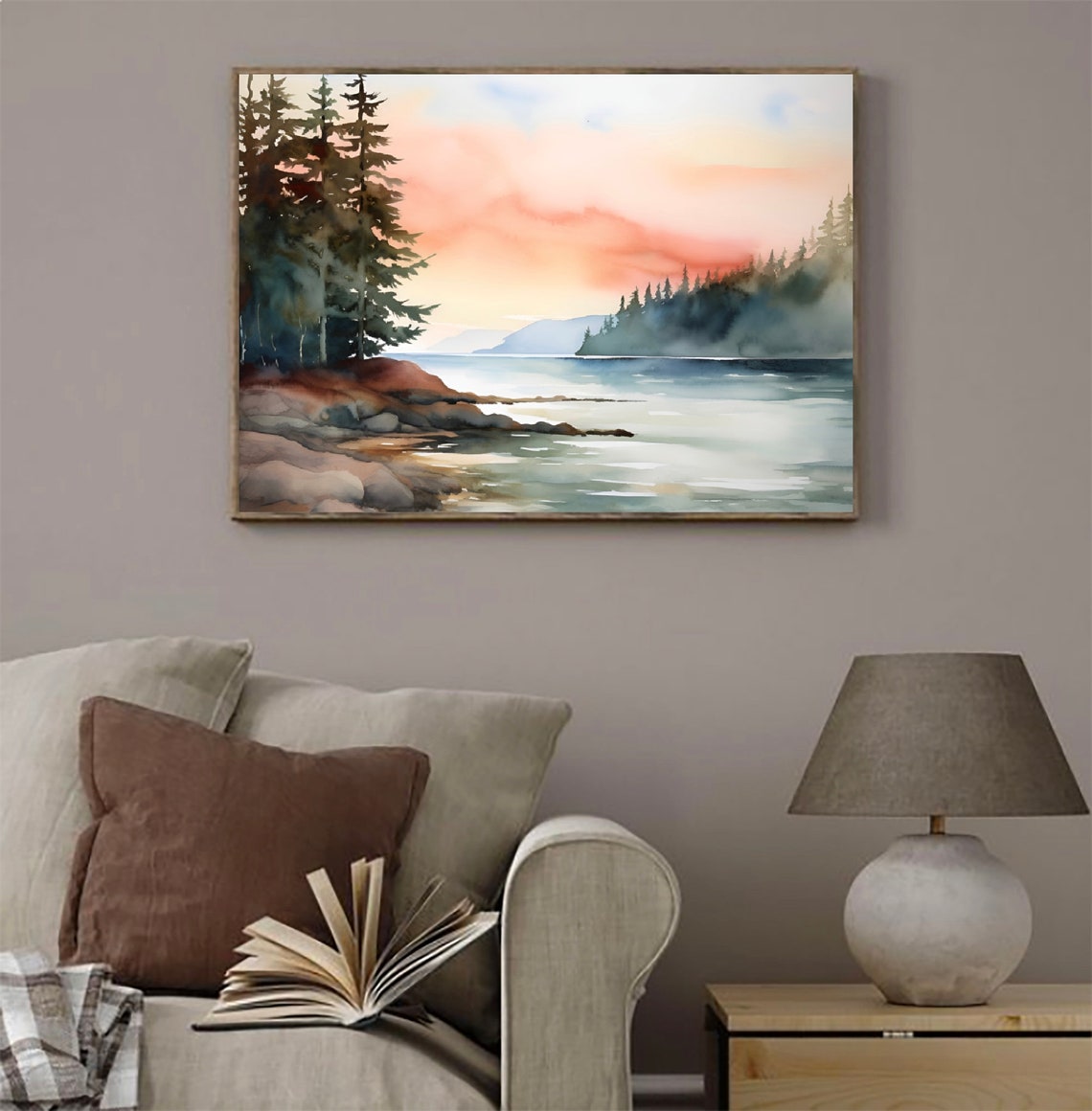 Coeur d'Alene Lake Idaho Sunset Pines Watercolor Landscape Poster - Image 2