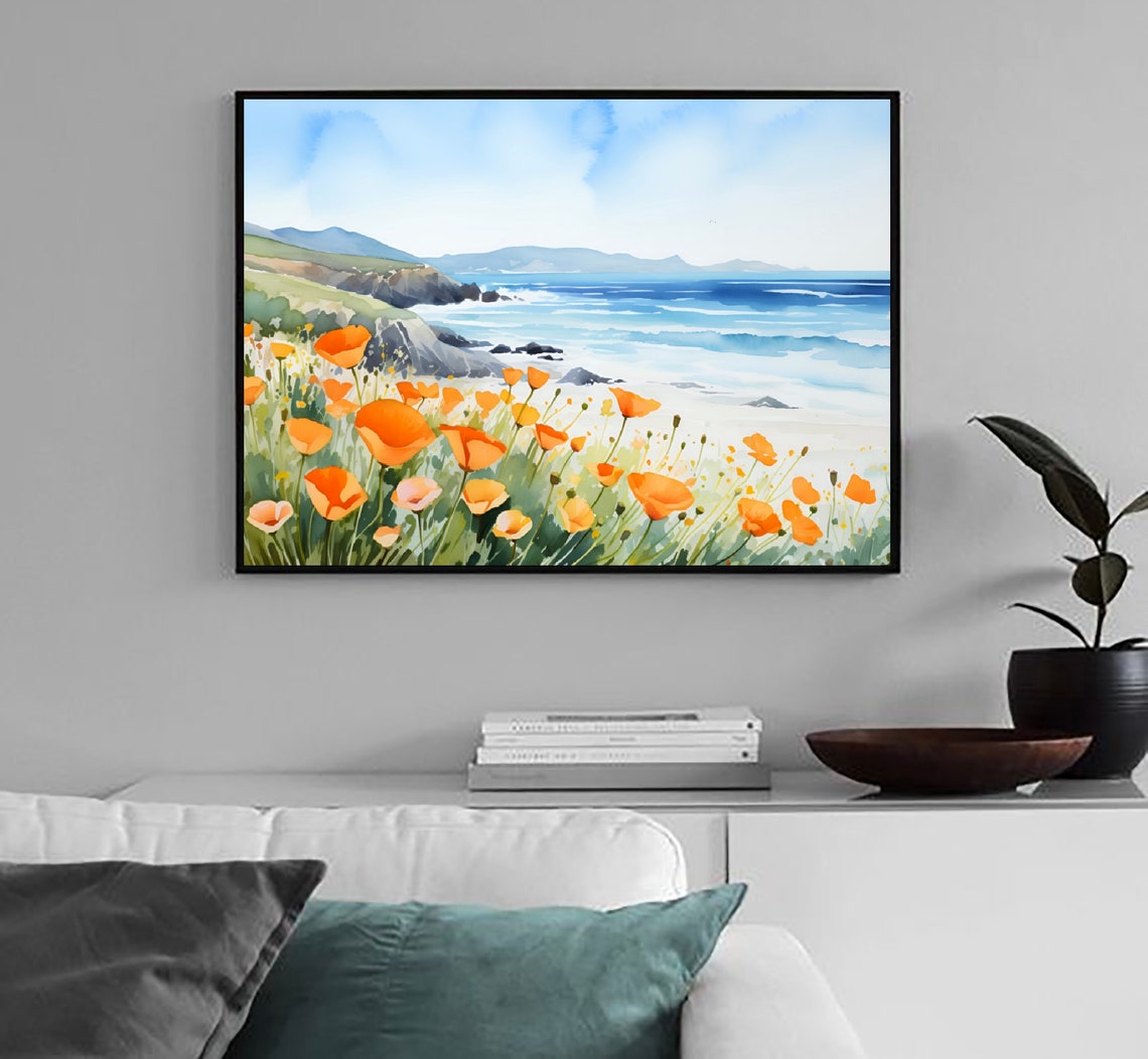 California Poppy Wildflowers Coastal Cliffs Ocean Watercolor Poster - Image 3