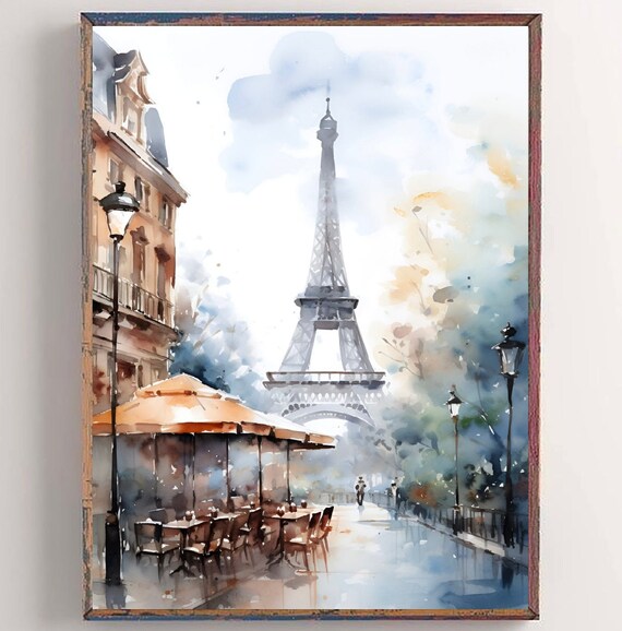 Eiffel Tower Paris Cafe Street Watercolor Cityscape Art Poster