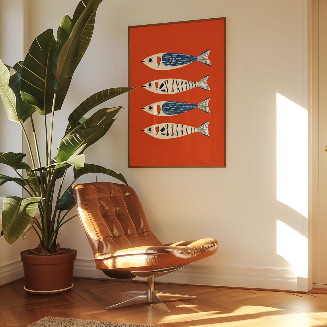 Four Stylized Blue Fish On Bold Red Retro Modern Kitchen Art Poster - Image 2
