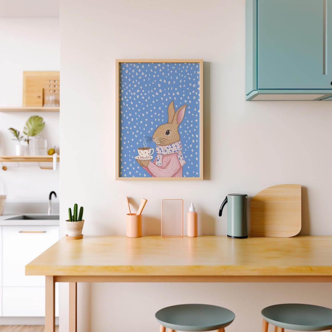 Cozy Rabbit In A Pink Sweater Holding A Hot Cup Of Tea Poster - Image 4
