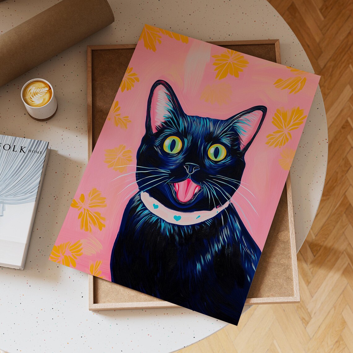 Happy Black Cat With Tongue Out on a Pink Floral Background Poster - Image 3