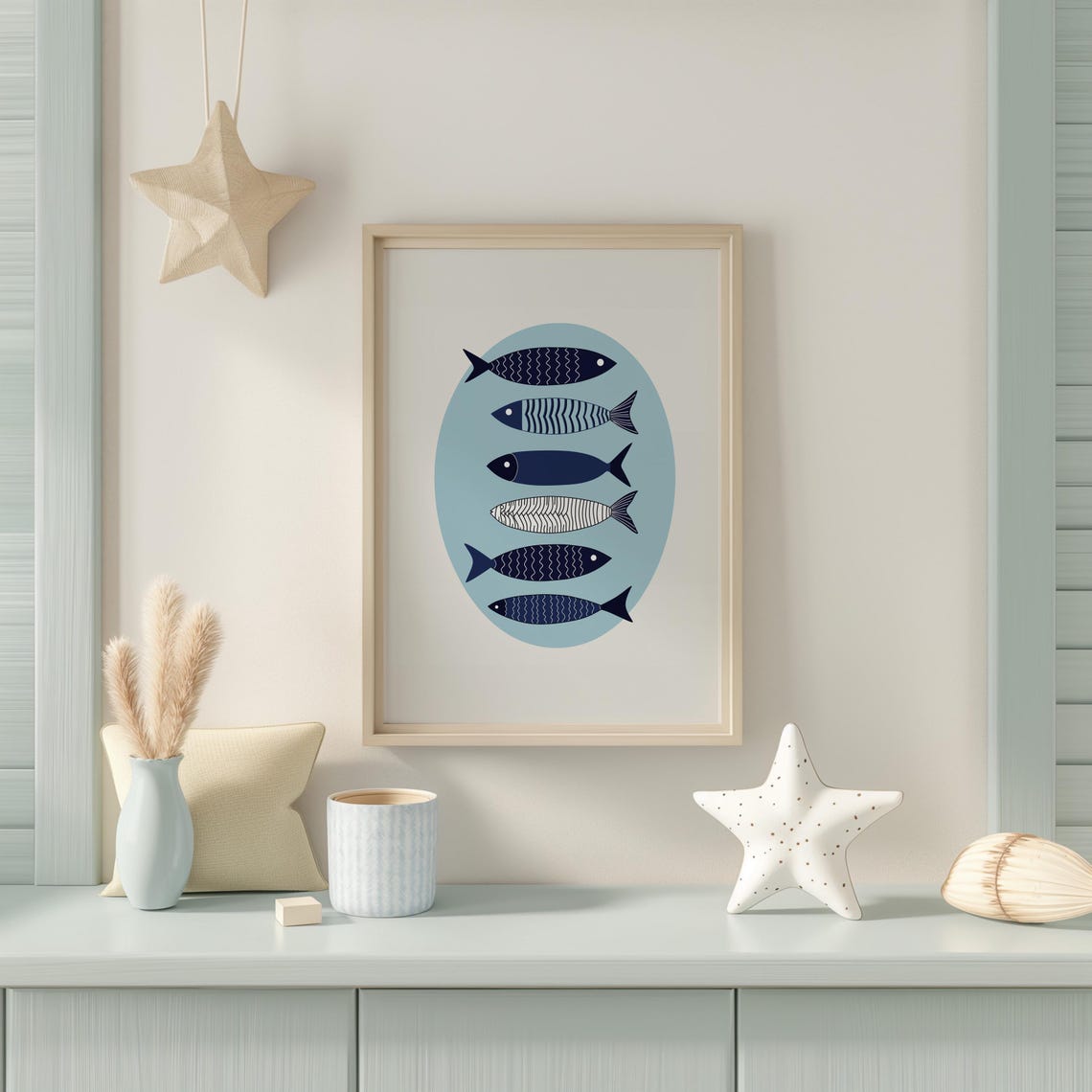 Six Navy Patterned Fish Arranged In A Blue Oval On White Poster - Image 3