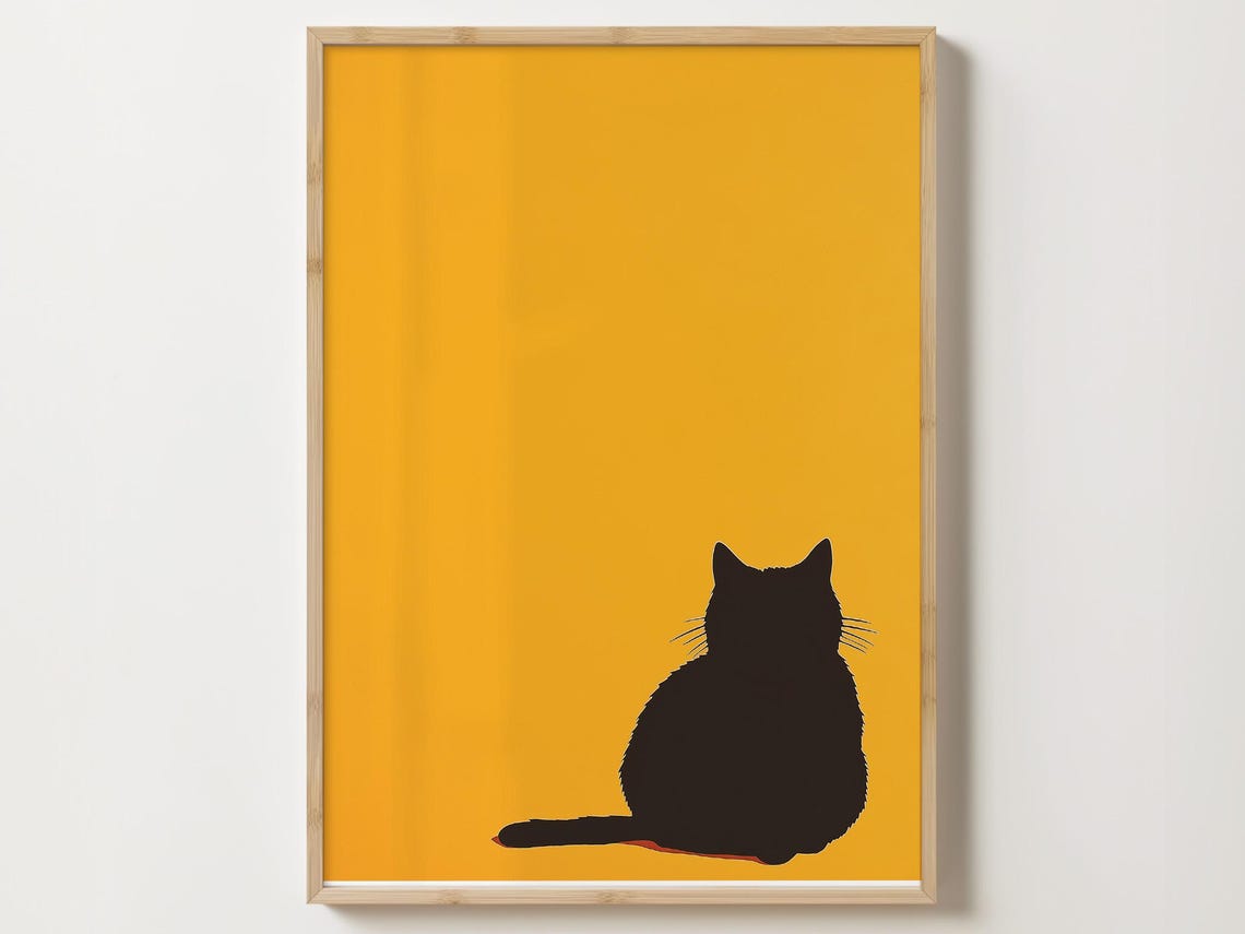 Black Cat Silhouette Sitting Alone On A Bold Yellow Background Poster