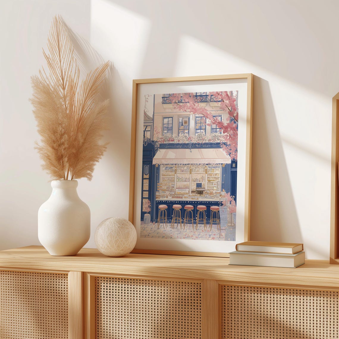 Coffee Bar Counter with Pink Stools and Cherry Blossoms Poster - Image 2