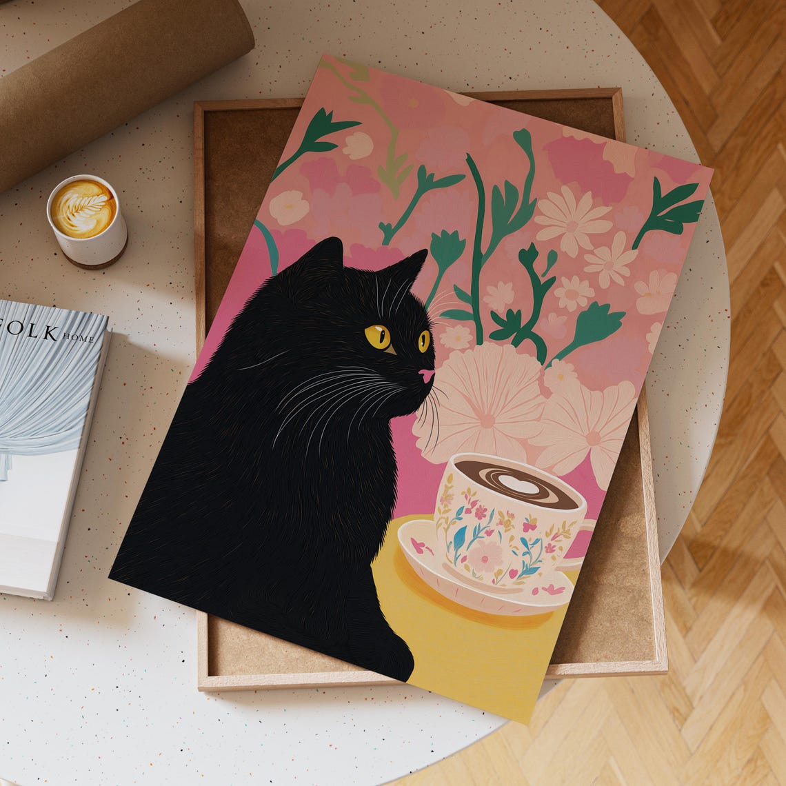 Black Cat Beside A Coffee Cup On A Pink Floral Background Poster - Image 6