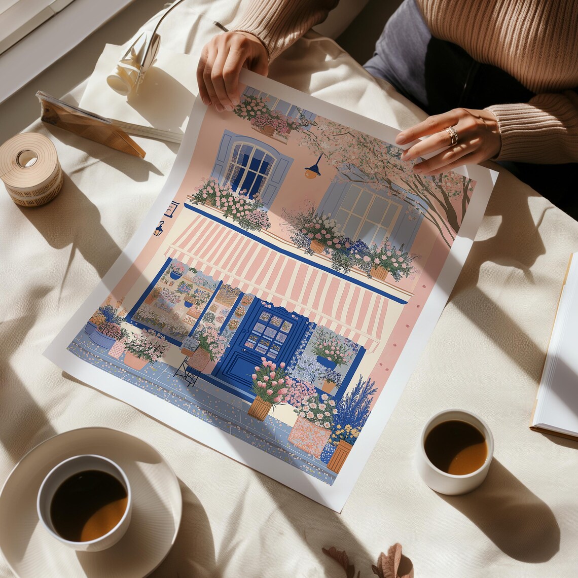 Parisian Flower Shop Facade With Blue Door and Striped Awning Print - Image 2