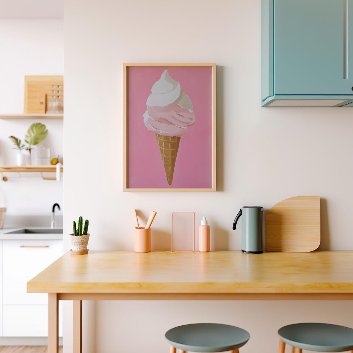 Strawberry And Vanilla Soft Serve Ice Cream Cone On Pink Wall Poster - Image 4