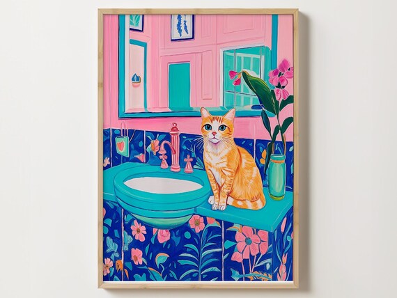 Orange Tabby Cat Posing on a Teal Bathroom Sink Colorful Poster