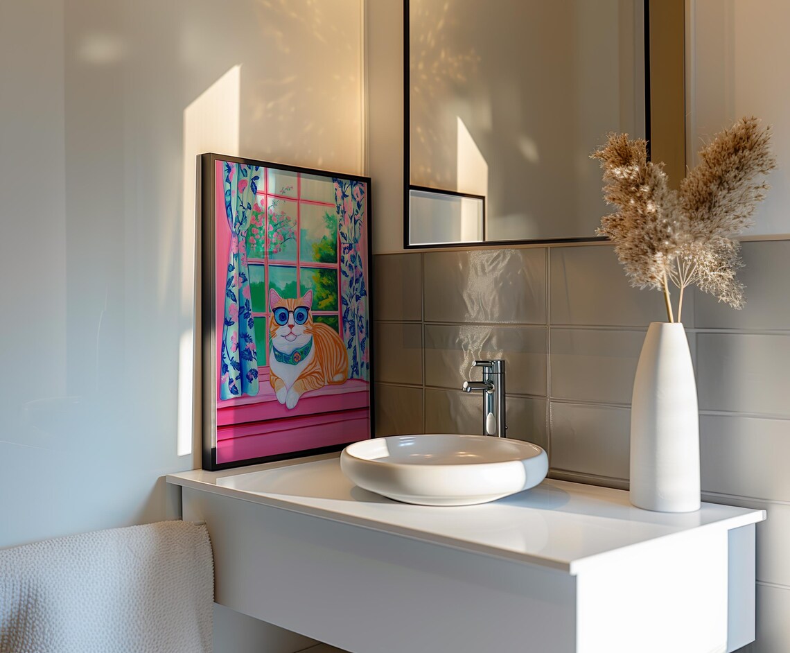 Orange Tabby Cat Wearing Glasses On A Pink Windowsill Poster - Image 2