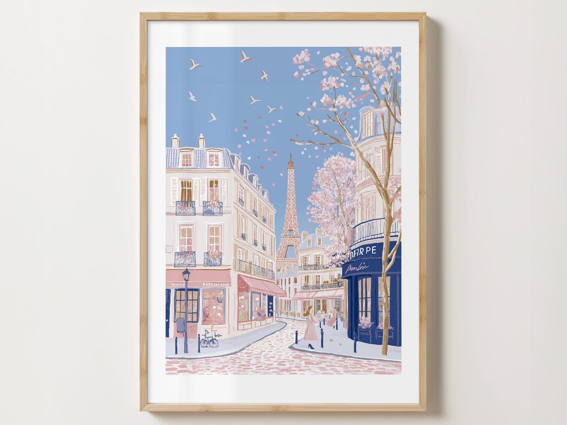 Paris Eiffel Tower Cherry Blossom Street Cafe in Spring Poster