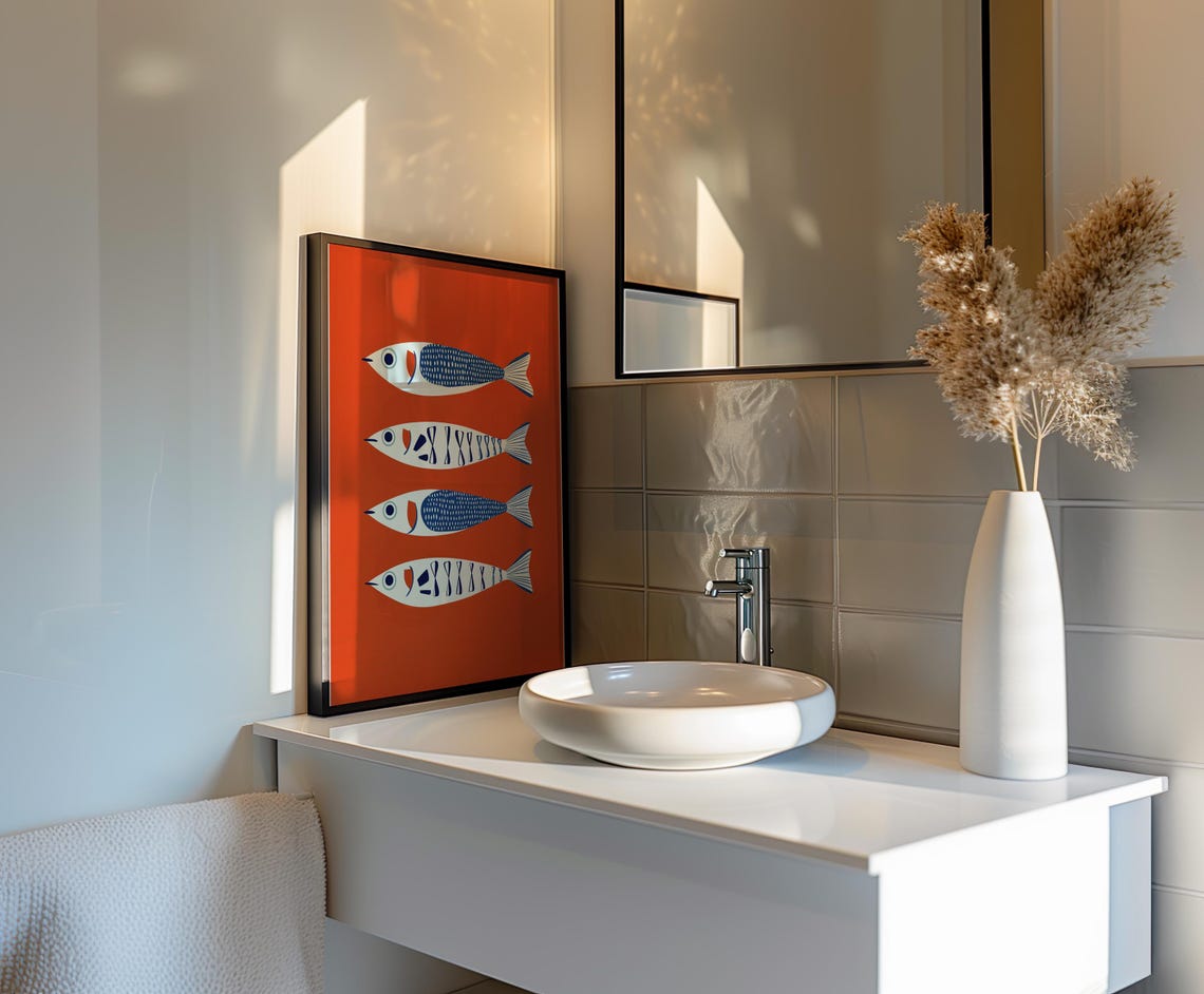 Four Stylized Blue Fish On Bold Red Retro Modern Kitchen Art Poster - Image 5