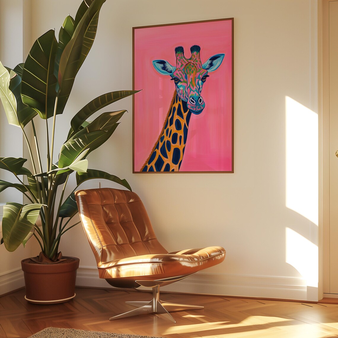 Neon Pop Art Giraffe Portrait On A Bright Pink Background Poster - Image 3