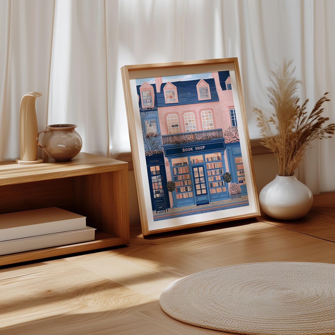 Navy Book Shop Storefront With Parisian Pink Building Above Poster - Image 5