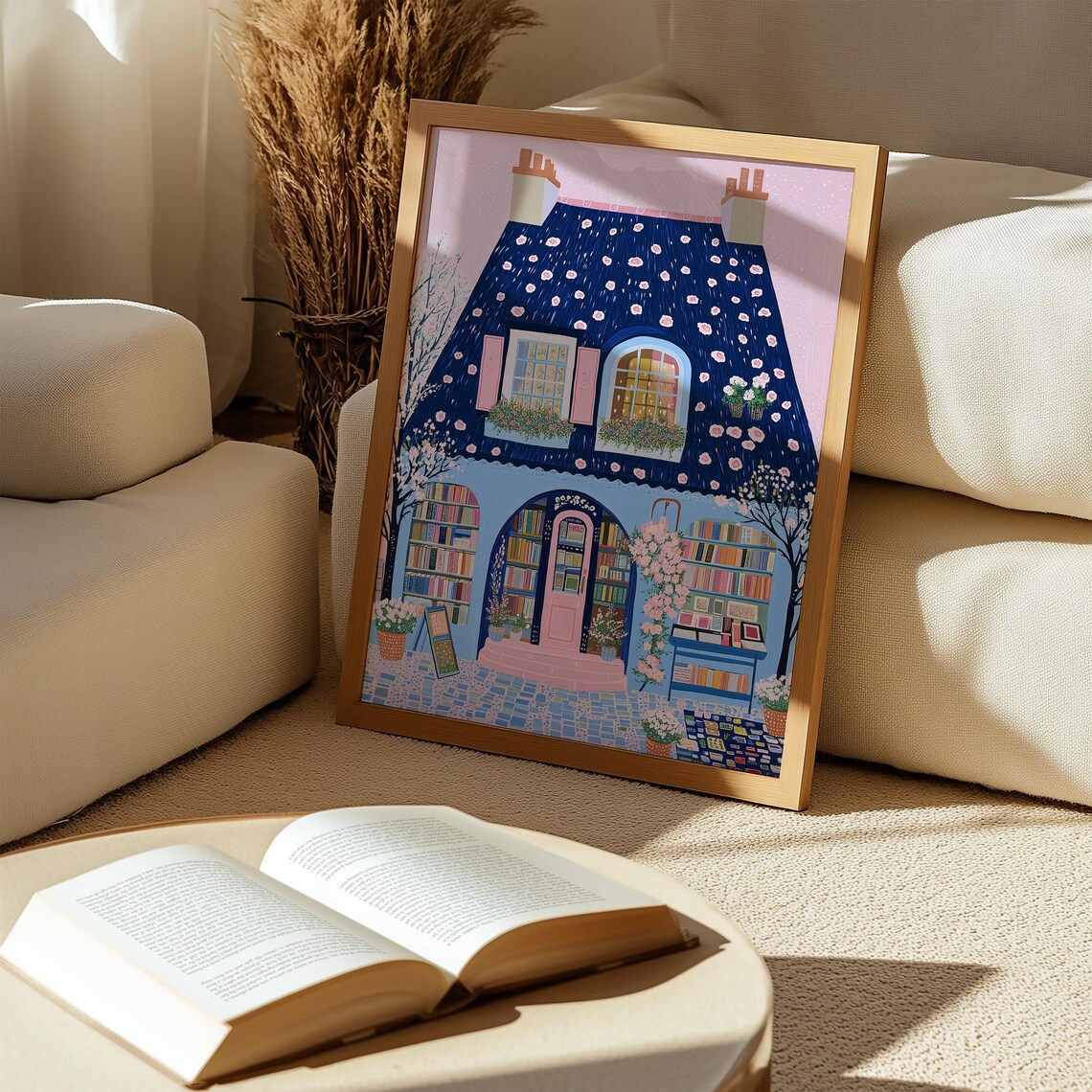 Pink Parisian Bookshop Cottage With Rose Covered Navy Roof Print - Image 3