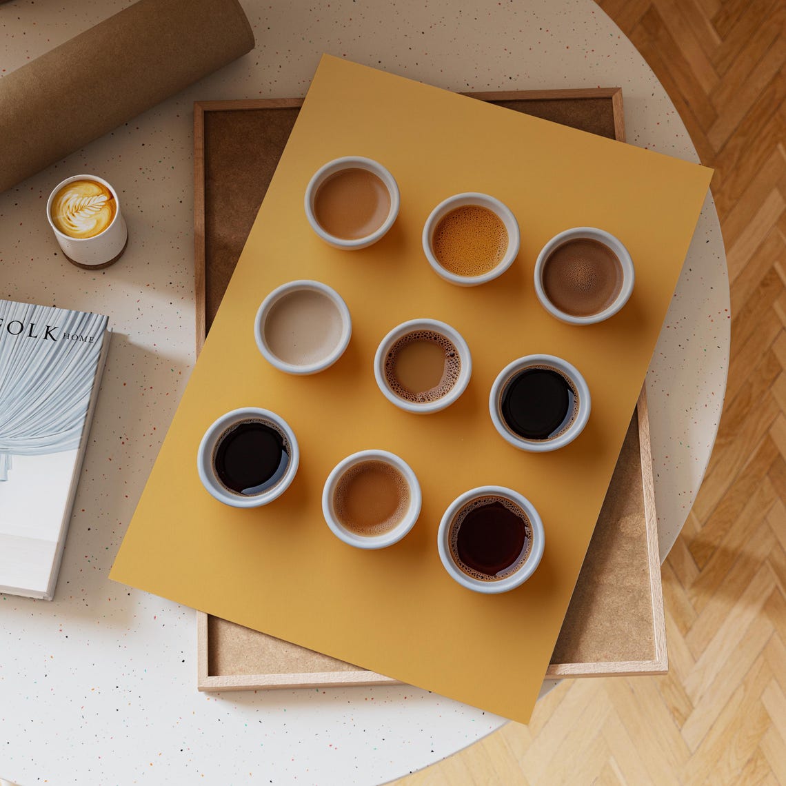 Nine White Coffee Cups In A Grid On Warm Mustard Yellow Poster - Image 6