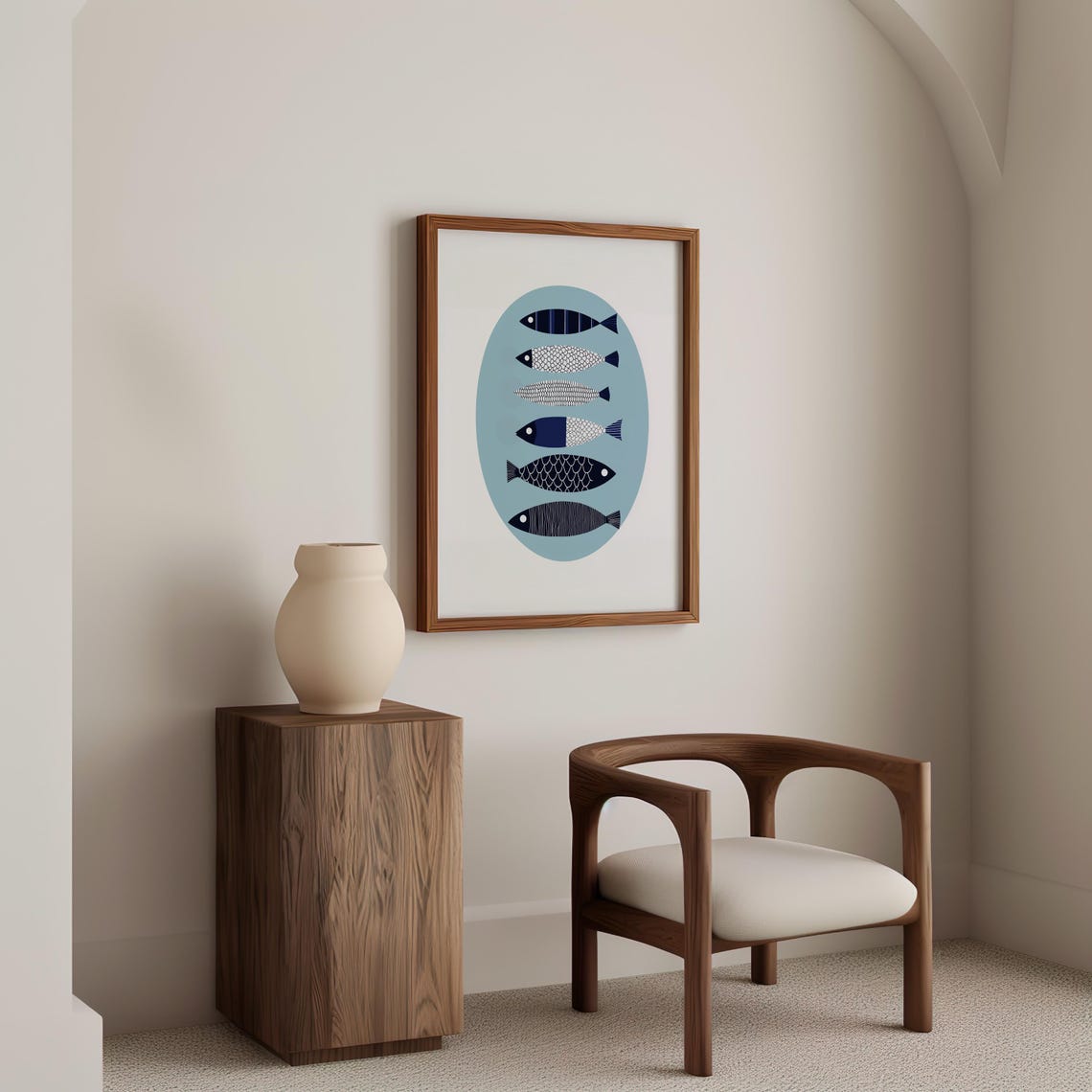 Six Patterned Navy Fish In An Oval On Light Blue Background Poster - Image 4