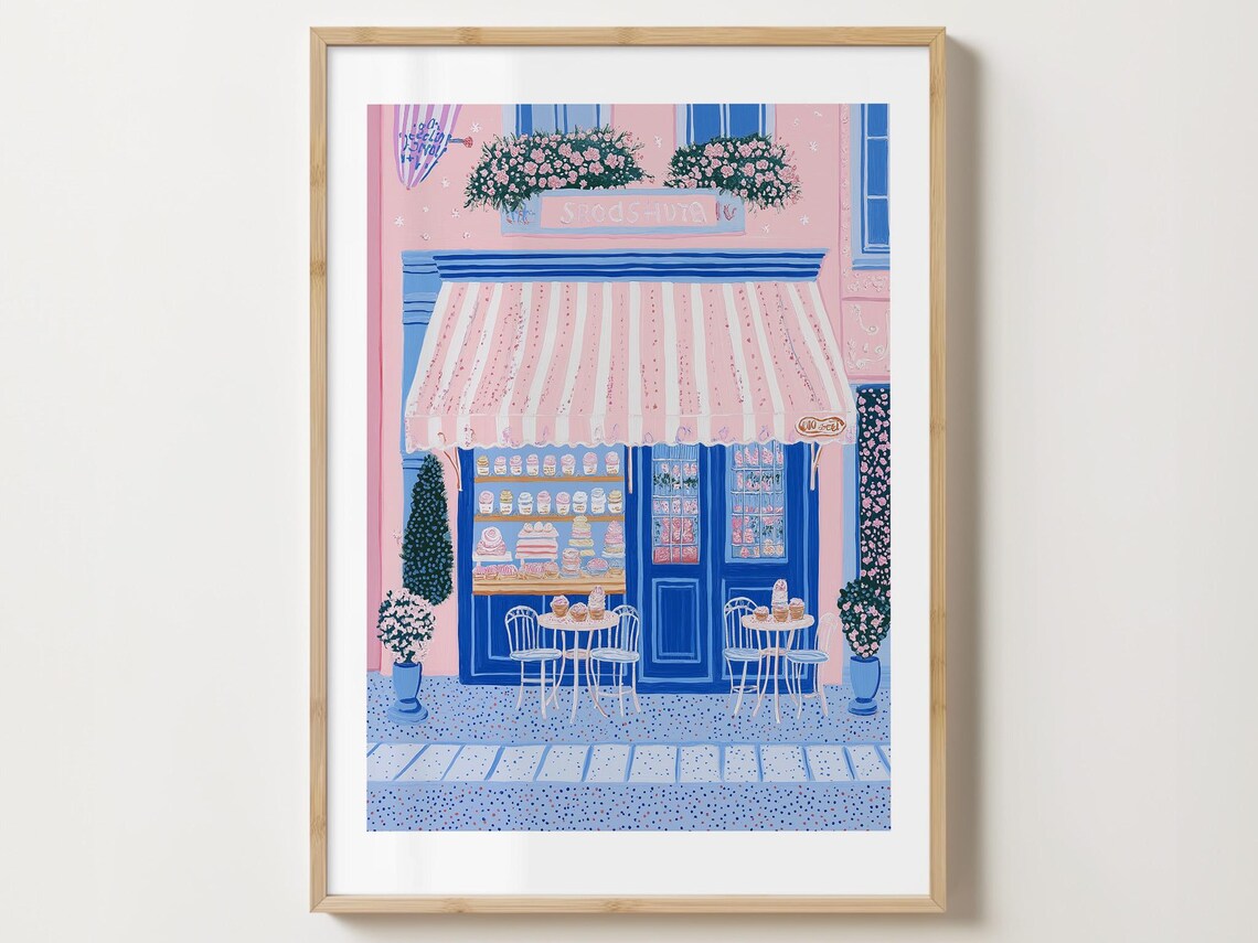 Pink Patisserie Storefront with a Pretty Striped Awning Art Poster