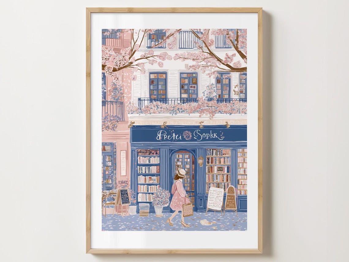 Woman Strolling Past a Spring Bookshop Storefront Art Poster
