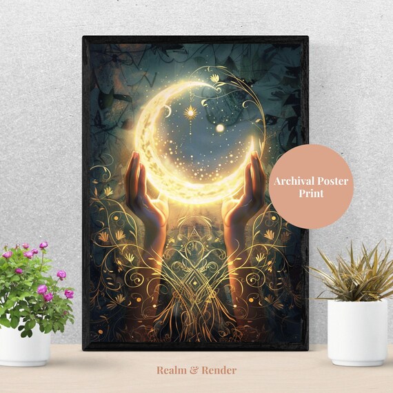 Hands Holding Crescent Moon Mystic Starry Night Gold Art Poster