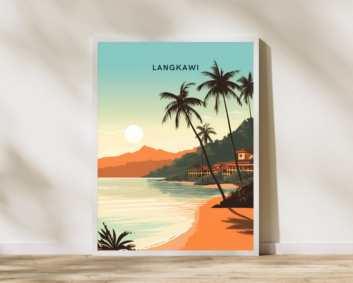 Langkawi Beach Sunset Palm Trees Tropical Travel Poster Malaysia