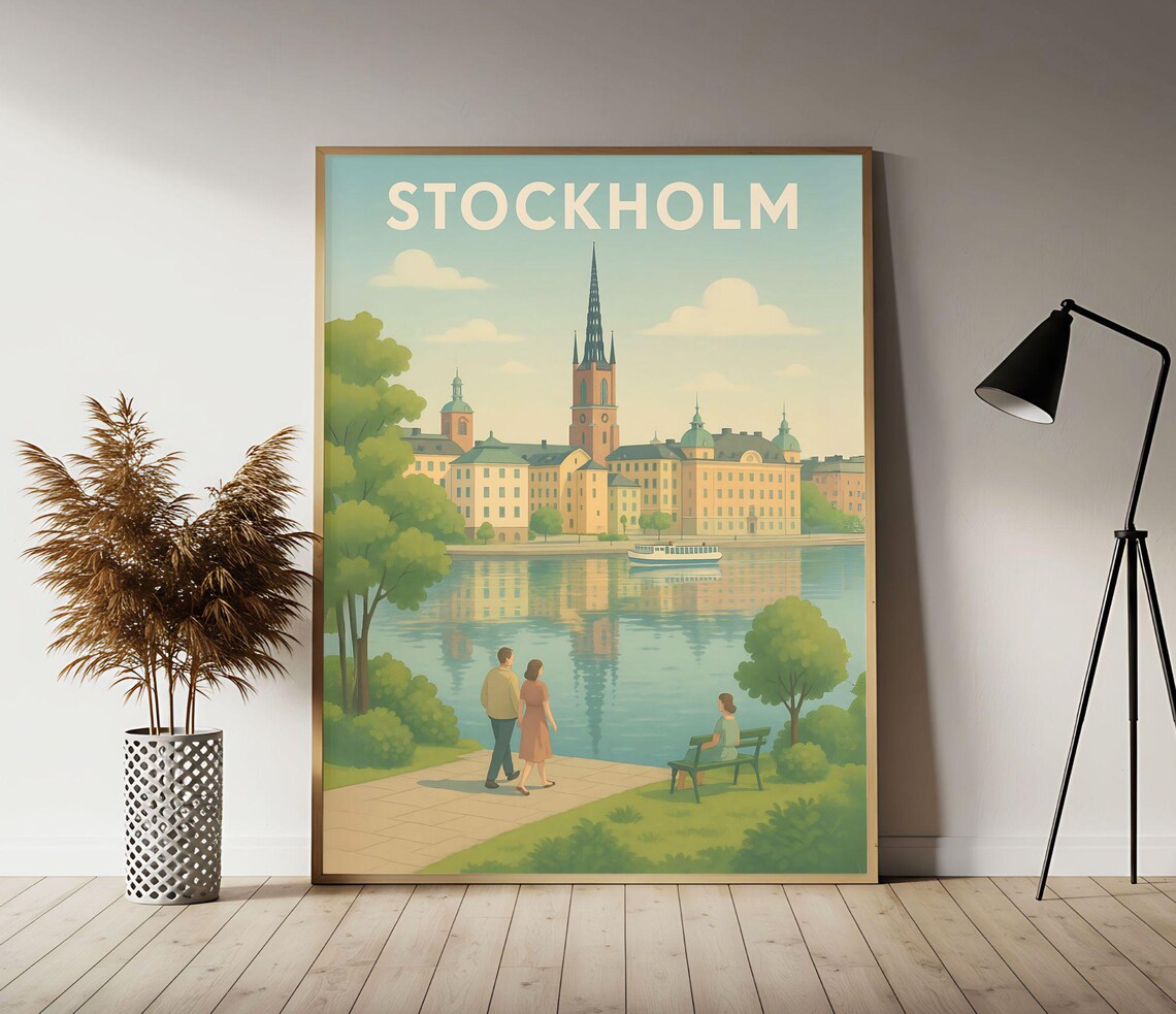 Stockholm Sweden Waterfront Royal Palace Vintage Travel Poster Art