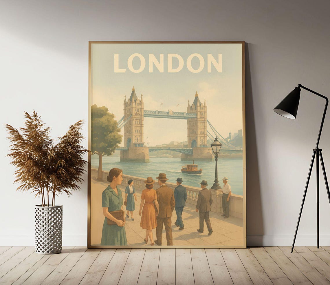 Vintage London Tower Bridge Travel Poster Riverside Street Scene