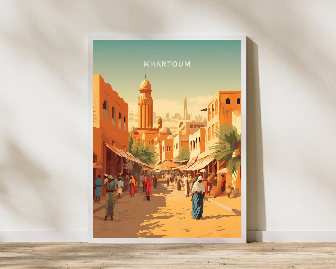 Khartoum Sudan Old Town Market Street Scene Vintage Travel Poster