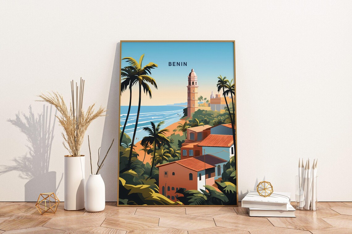 Benin West Africa Palm Beach Coastal Town Vintage Travel Poster