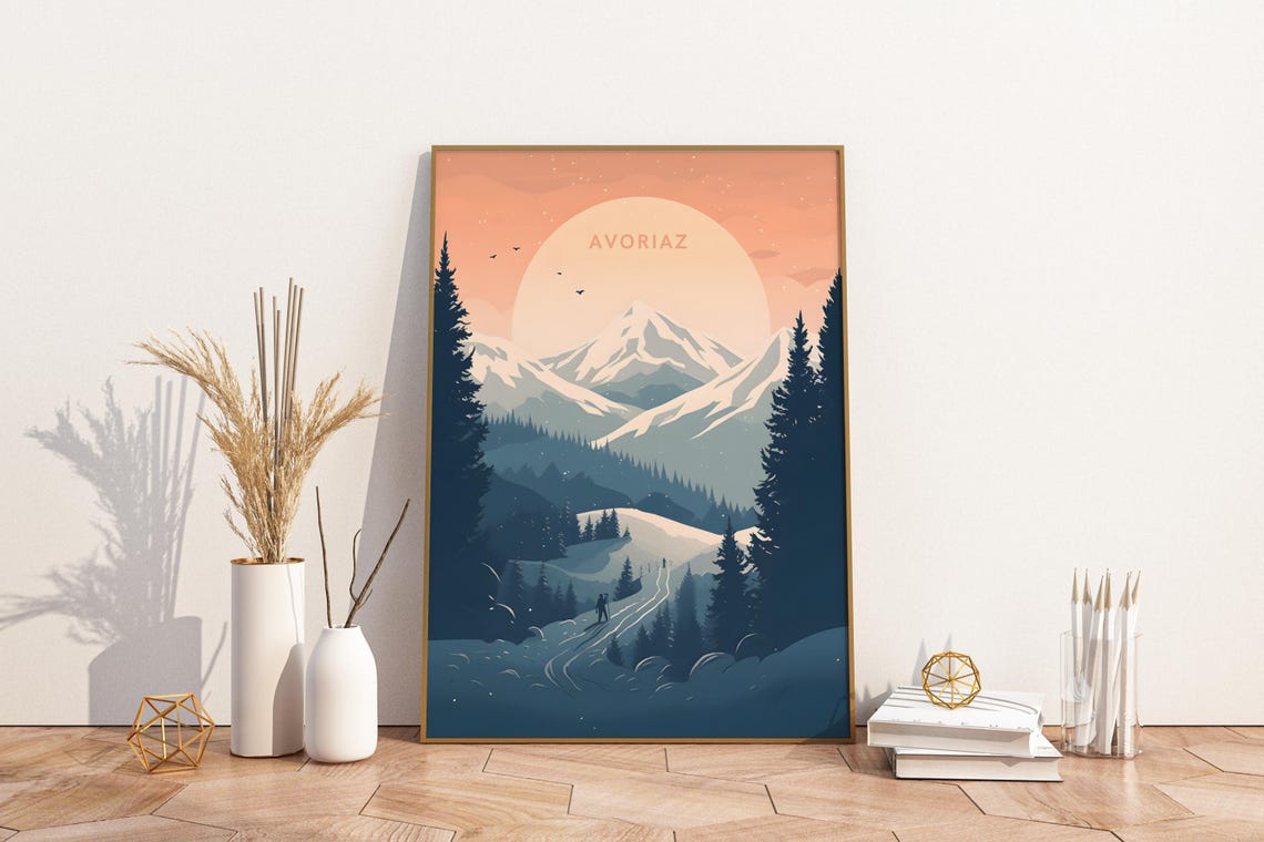 Avoriaz French Alps Ski Slopes Sunset Mountains Vintage Travel Poster