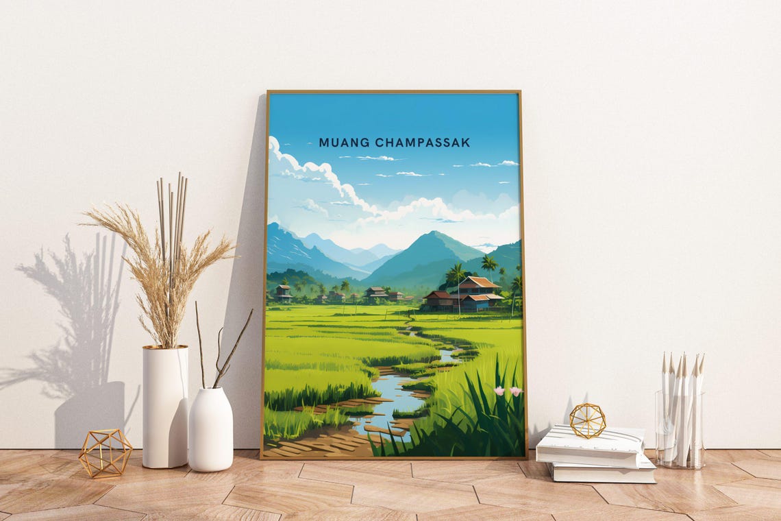 Muang Champassak Laos Rice Paddy Village Mountain Travel Poster
